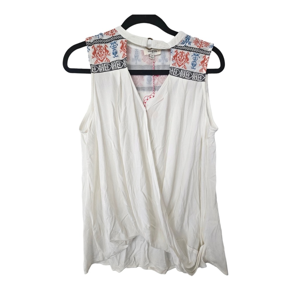 Umgee USA Women's Pleated Faux Wrap Tank Top Size Medium White Embroidered